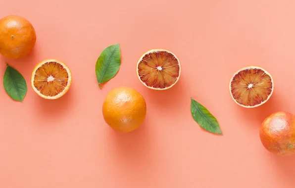 Листья, фон, апельсины, розовый фон, грейпфрут, композиция, красный апельсин, разрезанные пополам