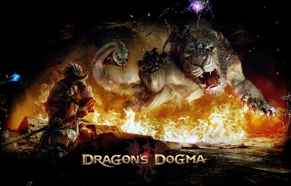 Картинка огонь, пламя, игра, лев, воин, змей, Dragons Dogma1