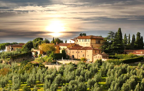 Картинка небо, солнце, деревья, закат, дома, Италия, Tuscany