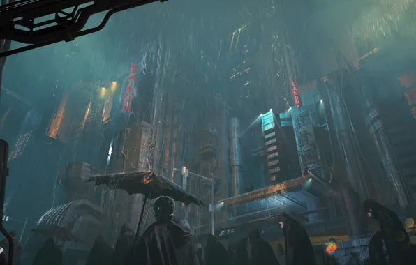 Картинка city, dark, fantasy, rain, umbrella, science fiction, people, sci-fi