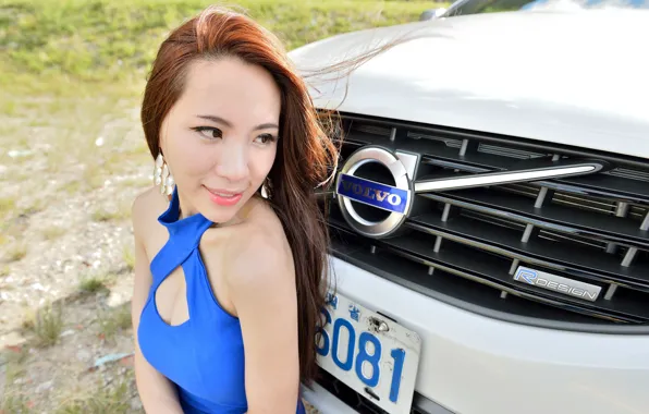 Взгляд, Девушки, азиатка, красивая девушка, белый авто, Volvo XC60, позирует над машиной
