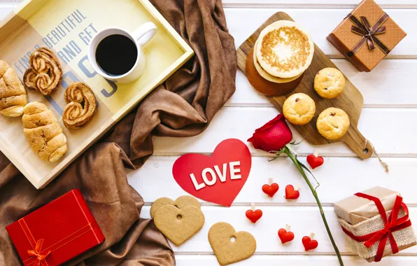 Картинка роза, кофе, завтрак, печенье, подарки, red, love, rose