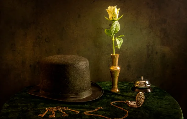 Картинка цветок, часы, шляпа, натюрморт, ключи, звонок