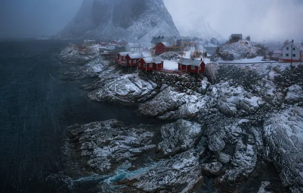 Зима, снег, скалы, Норвегия, поселение