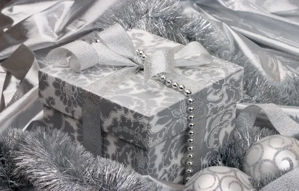 Праздник, подарок, шары, черно-белый, игрушки, серебро, новый год, серебристый
