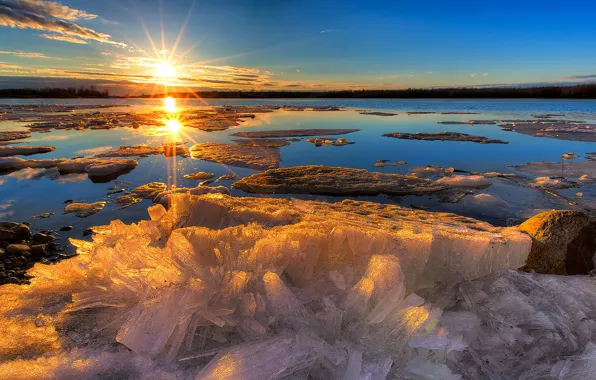Лед, зима, природа, озеро, рассвет