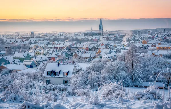 Зима, снег, здания, дома, Германия, Бавария, панорама, Germany