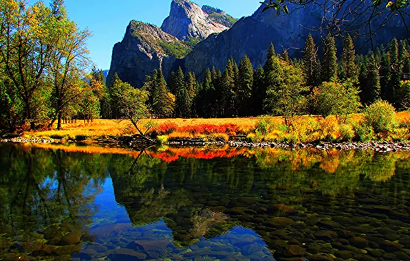 Картинка осень, лес, деревья, горы, озеро, камни, Калифорния, США