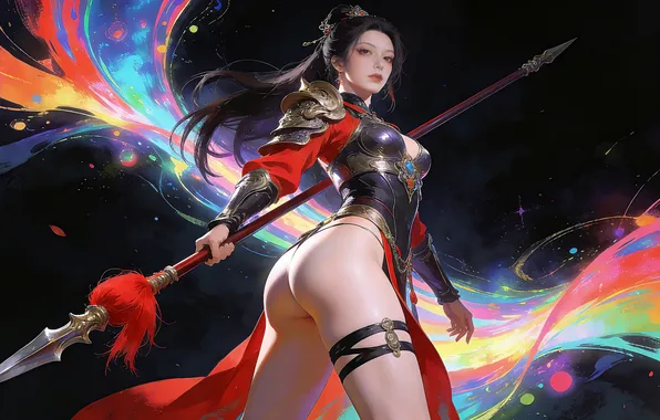 Картинка girl, weapon, brunette, asian, spear, ai art