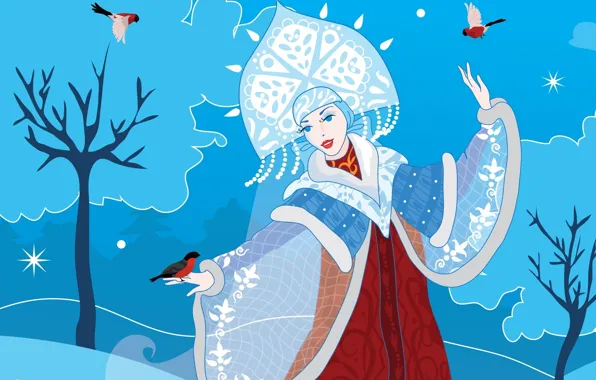 Картинка зима, снег, праздник, вектор, арт, Новый год, Снегурочка, снегири