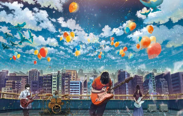 Картинка крыша, небо, облака, птицы, город, воздушные шары, гитара, группа