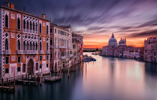 Небо, вода, город, дома, утро, выдержка, Италия, Венеция
