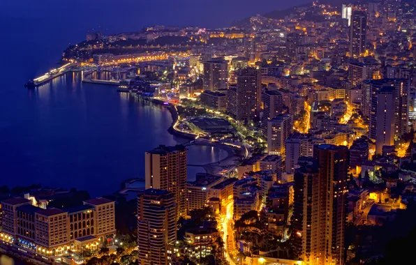 Дома, вечер, порт, Monaco, улицы, Монако, Монте Карло, naght
