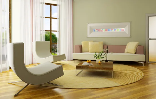 Картинка дизайн, стиль, диван, мебель, интерьер, растения, кресло, подушки