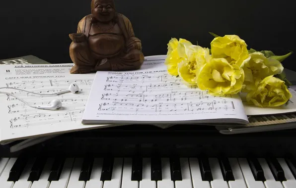 Цветы, стиль, ноты, наушники, клавиши, тюльпаны, статуэтка, пианино