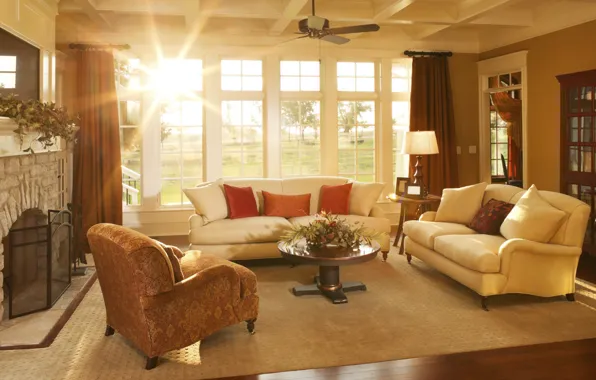 Интерьер, камин, теплые тона, inviting, ярко освещенная, warm elegant sunlight liviing room, теплая элегантная солнечная …