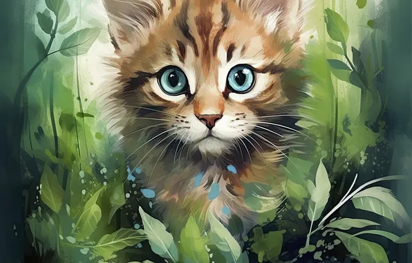 Кошка, взгляд, листья, природа, котенок, портрет, акварель, живопись