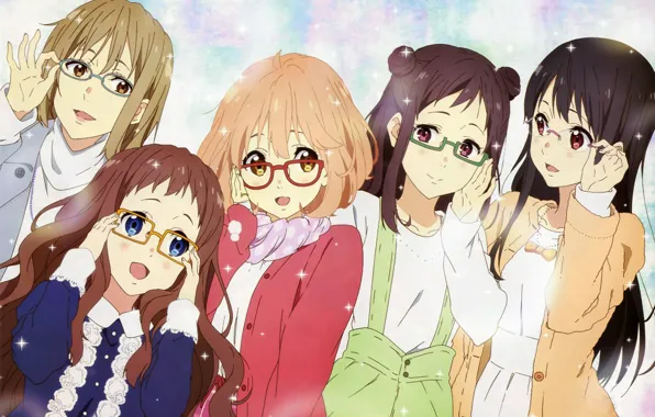 Очки, Аниме, Kyoukai no Kanata, Sakura Inami, Mitsuki Nase, Shizuku Ninomiya, Mirai Kuriyama, Ai Shindou