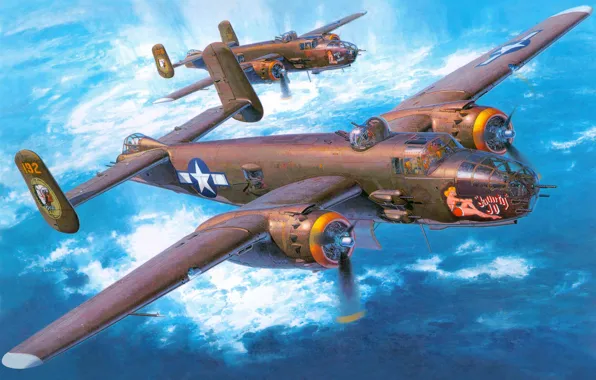 Картинка самолет, арт, бомбардировщик, действия, North American, двухмоторный, средний, WW2.