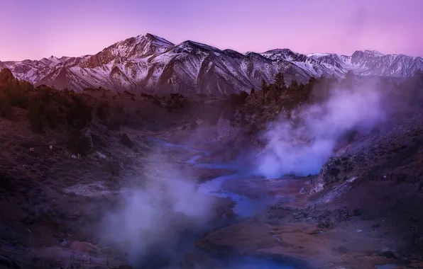 Sunset, mountain, lake, mist