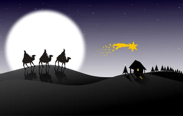 Картинка праздник, луна, графика, рождество, звёзды, christmas, караван