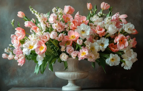 Цветы, букет, тюльпаны, ваза, розовые, белые, серый фон, разные