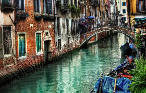 Venezia, street, гондолы, Venice, bridge, дождь, канал, Italia