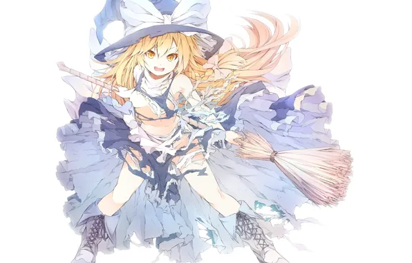 Сапоги, белый фон, метла, бант, touhou, art, косичка, рваная одежда
