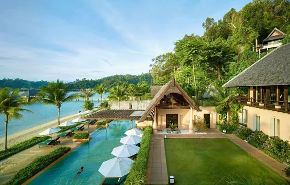 Море, пальмы, бассейн, отель, Борнео, Gaya Island Resort