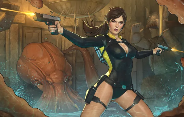 Девушка, Оружие, Tomb Raider, Выстрел, Lara Croft, Расхитительница гробниц, Пистолеты, Спрут