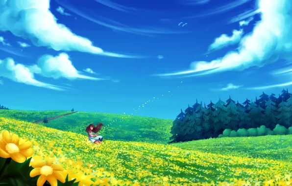 Картинка поле, лес, лето, девушка, облака, цветы, ветер, арт