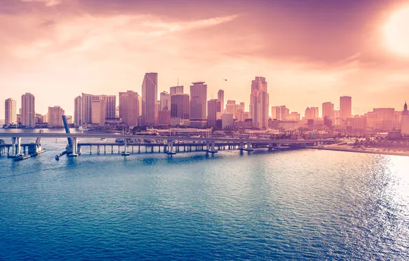 Мост, город, океан, USA, Florida, Miami Downtown
