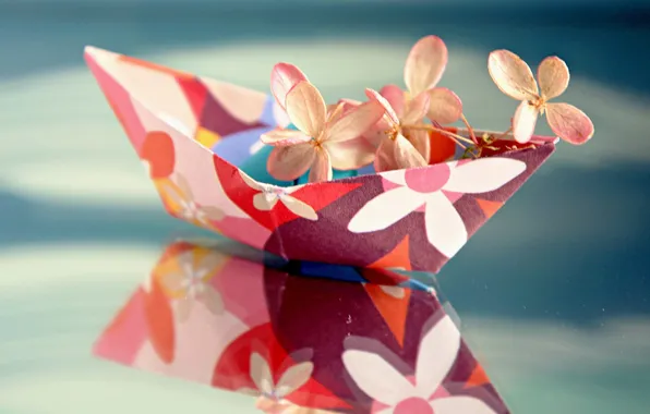 Макро, отражение, цветки, гортензия, бумажный кораблик