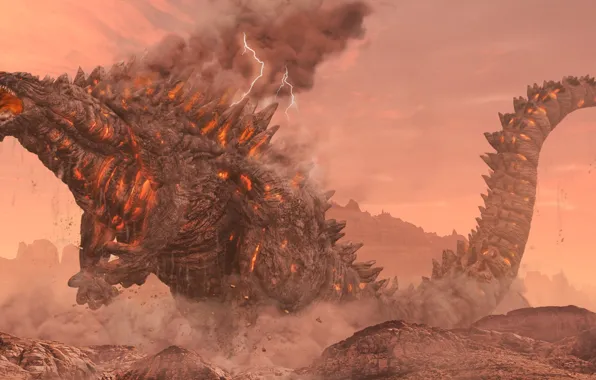 Монстр, Ящер, Молнии, Годзилла, Арт, Godzilla, by Elden Ardiente, Elden Ardiente