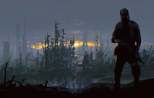 Закат, Город, Человек, Солдат, Оружие, Разрушения, Art, Concept Art