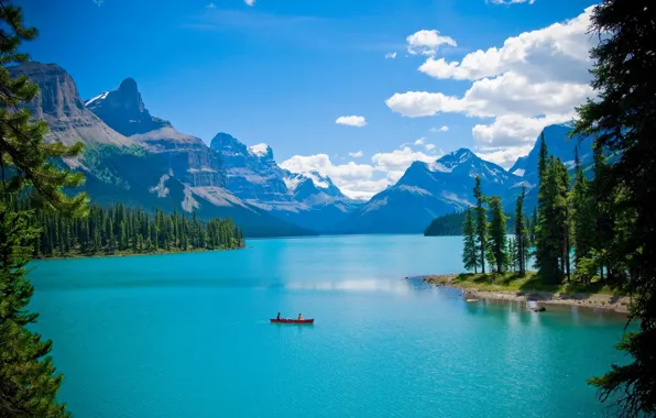 Картинка лес, деревья, пейзаж, горы, озеро, лодка, Канада