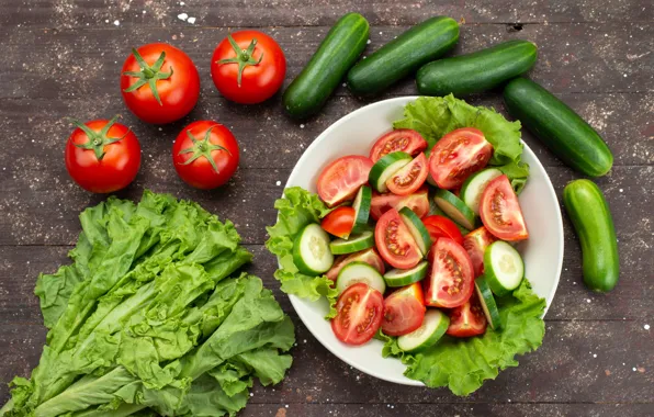 Зелень, доски, миска, овощи, помидоры, дольки, огурцы, салат