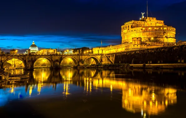 Ночь, огни, отражение, река, Рим, Италия, Тибр, Мост Святого Ангела