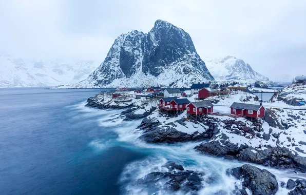 Картинка зима, снег, горы, скалы, деревня, Норвегия, север
