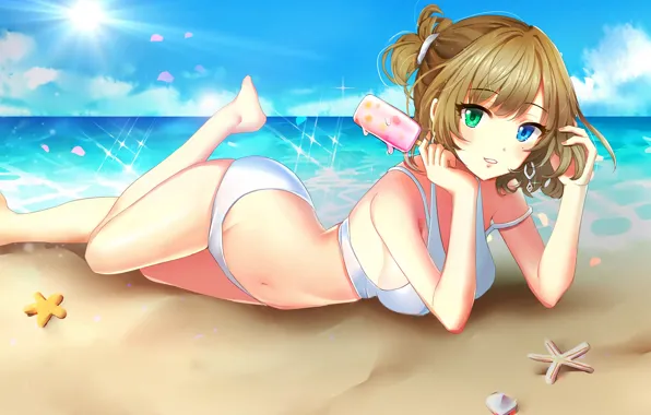 Girl, sexy, cleavage, beach, sea, boobs, anime, beautiful
