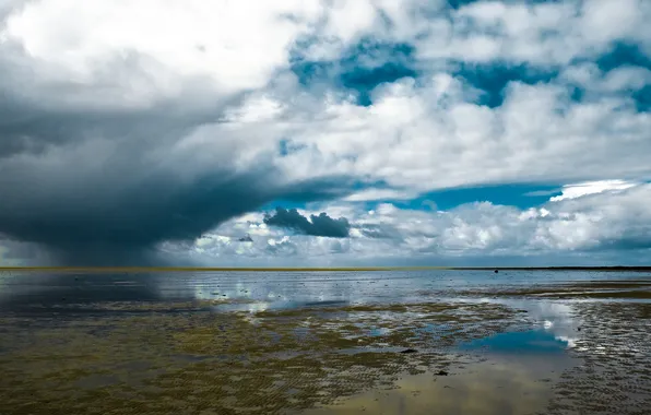 Небо, облака, залив, Исландия, мелководье