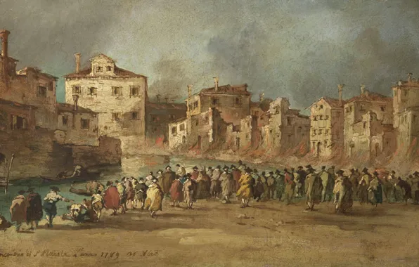 Масло, картина, холст, Francesco Guardi, Франческо Гварди, Пожар в районе Сан-Маркуола. Венеция