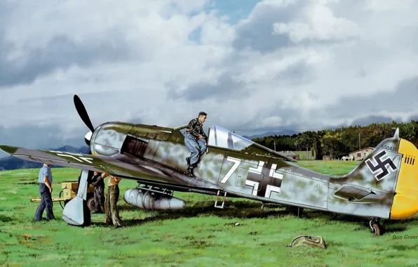 Картинка war, art, painting, aviation, Don Greer, ww2, fw 190, german fighter