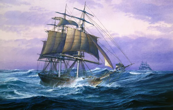 Волны, шторм, океан, рисунок, корабль, парусник, паруса, большие