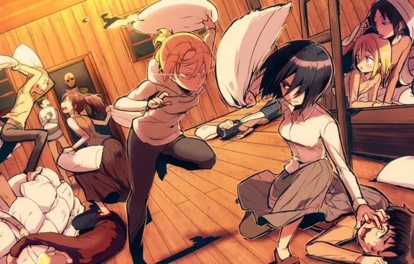Подушки, драка, Mikasa Ackerman, Eren Yeager, Sasha Blouse, Annie Leonhardt, Armin Arlert, Connie Springer