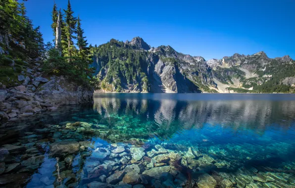 Горы, озеро, камни, дно, штат Вашингтон, Каскадные горы, Washington State, Cascade Range