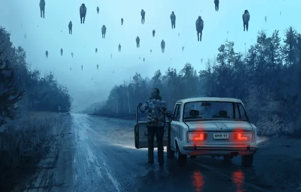 Картинка Авто, Дорога, Туман, Человек, Машина, Люди, Чернобыль, Припять
