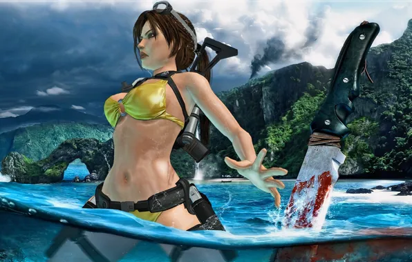 Картинка купальник, вода, поза, оружие, кровь, остров, нож, Tomb Raider