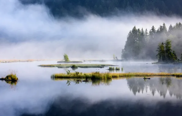 Картинка горы, туман, озеро