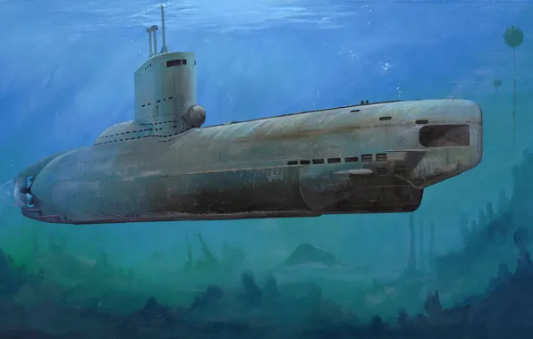 Картинка war, art, painting, ww2, submarine, U-Boot-Klasse XXIII